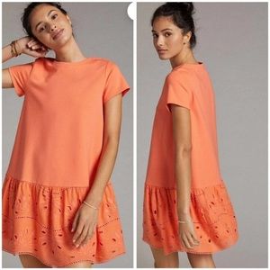 Anthropologie Maeve Flounced Eyelet Mini Dress Coral Peach Orange Boho Easter